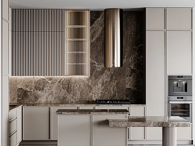 Elegant Modern Kitchen Interior With Marble Island Cabinets And Range Hood 3d model