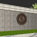 Stone Landscape Feature Wall With Circular Ornament Grid Pattern Lawn Trees And Patterned Paving 3d model