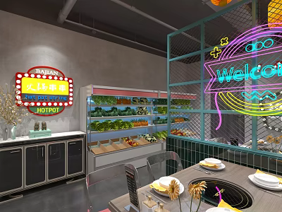 Modern Hotpot Restaurant With Neon Welcome Signs Fresh Vegetable Display And Dining Tables 3d model