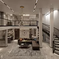 Modern Duplex Living Room Interior Design With Spiral Staircase And Hanging Ring Lights