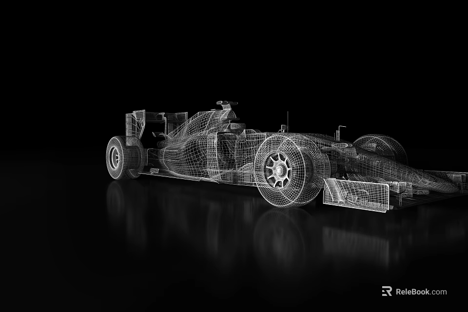 F1 Car Wireframe Model 3D Rendering On Black Background With Reflective Surface 3d model