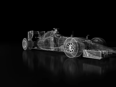 F1 Car Wireframe Model 3D Rendering On Black Background With Reflective Surface 3d model