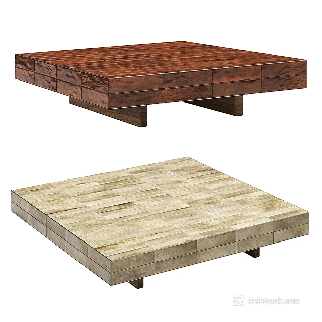 Wooden Coffee Table with Square Paneled Design in Two Different Styles 3d model 