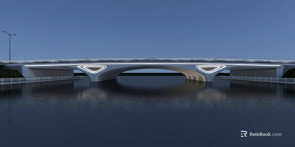 Municipal Road Bridge With Modern Arched Structure And Water Surface Reflection 3d model 