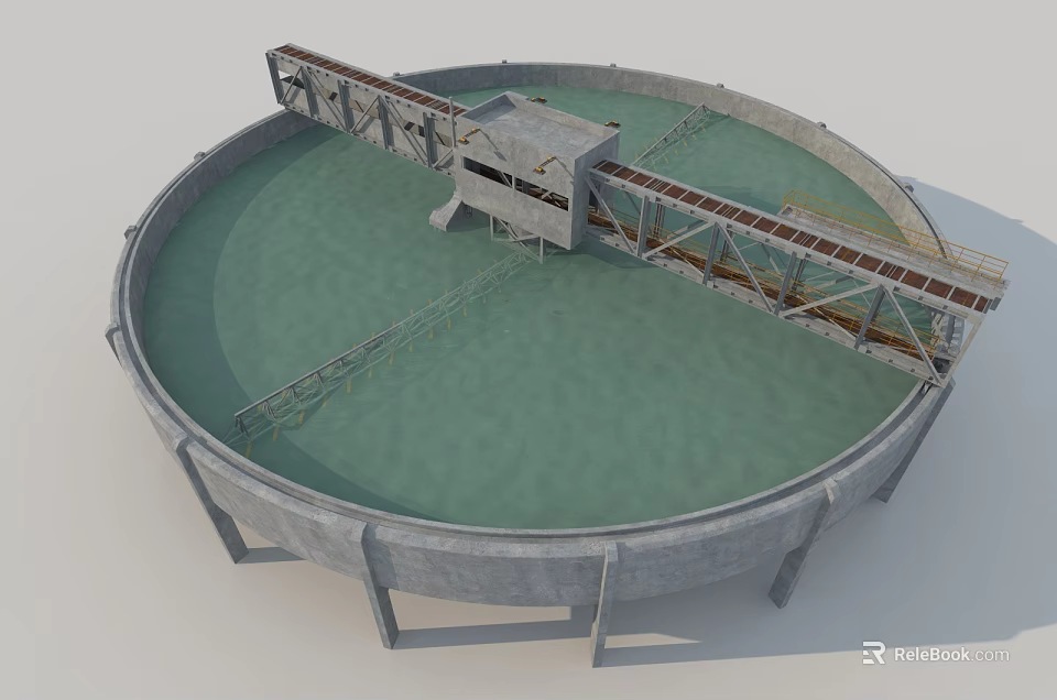 Circular Concrete Water Treatment Tank With Central Platform And Walkway 3d model 
