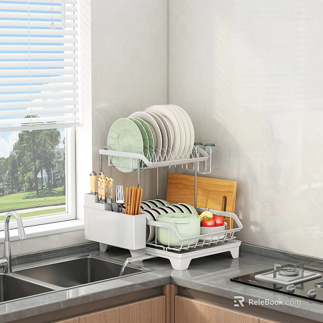 Practical Kitchen Dish Drying Rack with Plates Bowls Utensils and Cutting Board 3d model