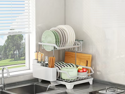 Practical Kitchen Dish Drying Rack with Plates Bowls Utensils and Cutting Board 3d model