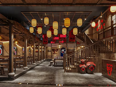 Traditional Style Hotpot Restaurant Interior With Wooden Structure Red Lanterns Staircase And Tables 3d model