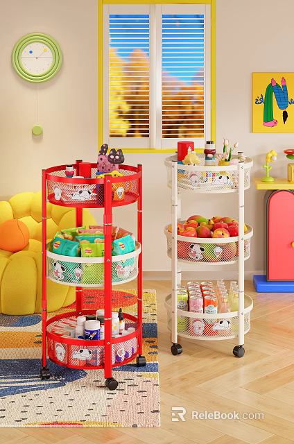 Red And White Multi Tiered Shelving Unit For Kids Room Storing Toys Snacks Fruits Drinks 3d model 
