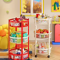 Red And White Multi Tiered Shelving Unit For Kids Room Storing Toys Snacks Fruits Drinks