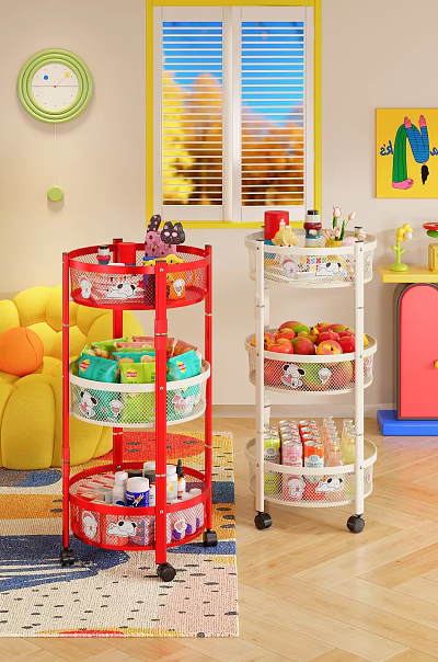 Red And White Multi Tiered Shelving Unit For Kids Room Storing Toys Snacks Fruits Drinks 3d model