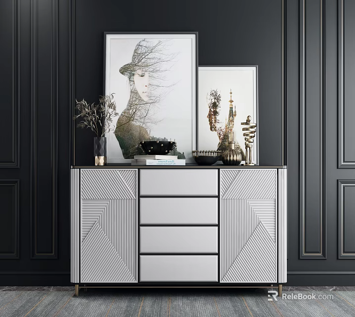 Elegant Modern Entryway Cabinet Sideboard With Geometric Drawers And Decorative Sculptures On Dark Wall 3d model 