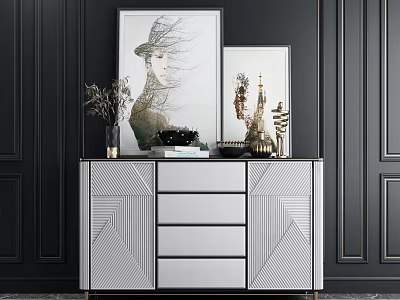 Elegant Modern Entryway Cabinet Sideboard With Geometric Drawers And Decorative Sculptures On Dark Wall 3d model