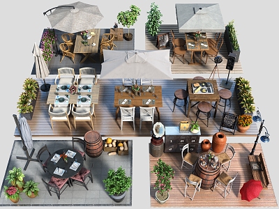 Modern Outdoor Table and Chair Combination Commercial Outside Swing Restaurant Outside Swing Leisure Chair Outdoor Dining Table and Chair Red Umbrella Parasol Flower Pot 3d model