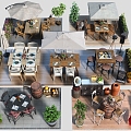 Modern Outdoor Table and Chair Combination Commercial Outside Swing Restaurant Outside Swing Leisure Chair Outdoor Dining Table and Chair Red Umbrella Parasol Flower Pot 3d model