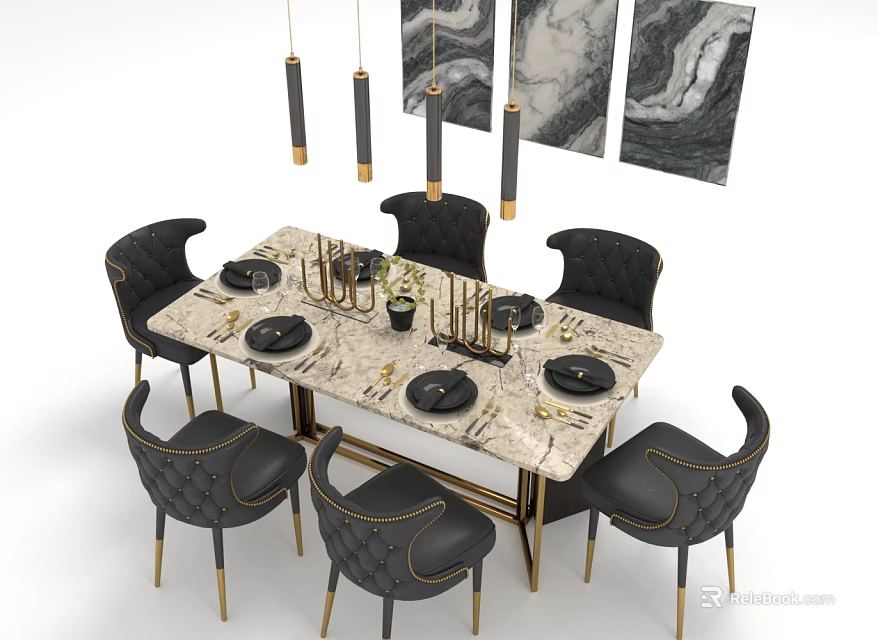 Modern Restaurant Interior With Marble Dining Table Black Chairs Pendant Lights And Wall Art 3d model 