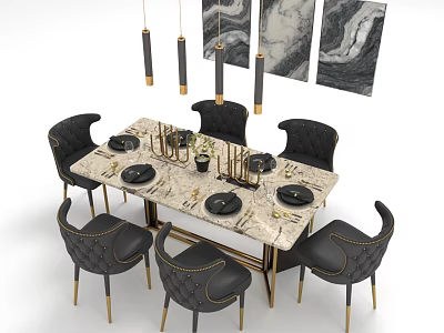 Modern Restaurant Interior With Marble Dining Table Black Chairs Pendant Lights And Wall Art 3d model