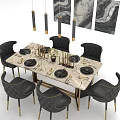 Modern Restaurant Interior With Marble Dining Table Black Chairs Pendant Lights And Wall Art