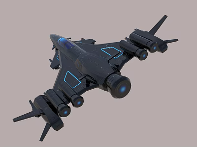 Futuristic Black Fighter Jet With Blue Glowing Elements And Multiple Engines 3d model