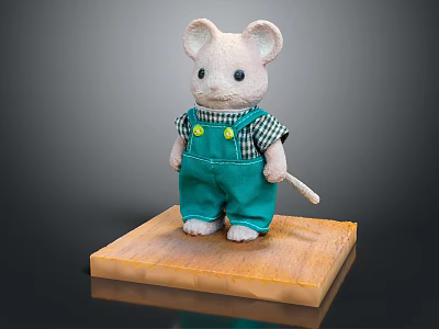 Cute Mouse Stuffed Doll Wearing Green Overalls And Plaid Shirt Standing On Wooden Base 3d model