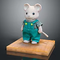 Cute Mouse Stuffed Doll Wearing Green Overalls And Plaid Shirt Standing On Wooden Base