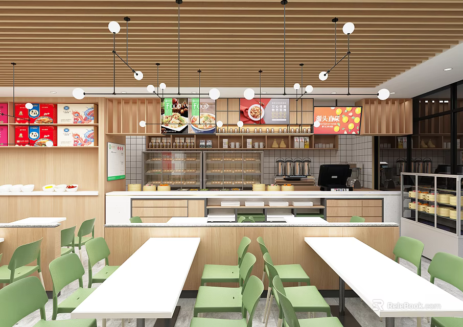 Fast Food Restaurant Interior With Wooden Ceiling Pendant Lights Food Posters Green Chairs White Tables 3d model 