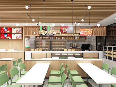 Fast Food Restaurant Interior With Wooden Ceiling Pendant Lights Food Posters Green Chairs White Tables 3d model