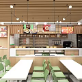 Fast Food Restaurant Interior With Wooden Ceiling Pendant Lights Food Posters Green Chairs White Tables