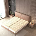 Modern Brown Leather Headboard Bed Frame With Beige Striped Mattress And Wooden Panel Wall