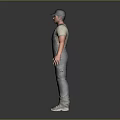 Male Worker In Denim Overalls And Cap Standing Full Body Front View