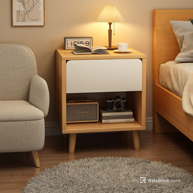 Stylish Wooden Bedside Table With White Panel Table Lamp Open Book Coffee Cup 3d model 