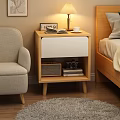Stylish Wooden Bedside Table With White Panel Table Lamp Open Book Coffee Cup 3d model
