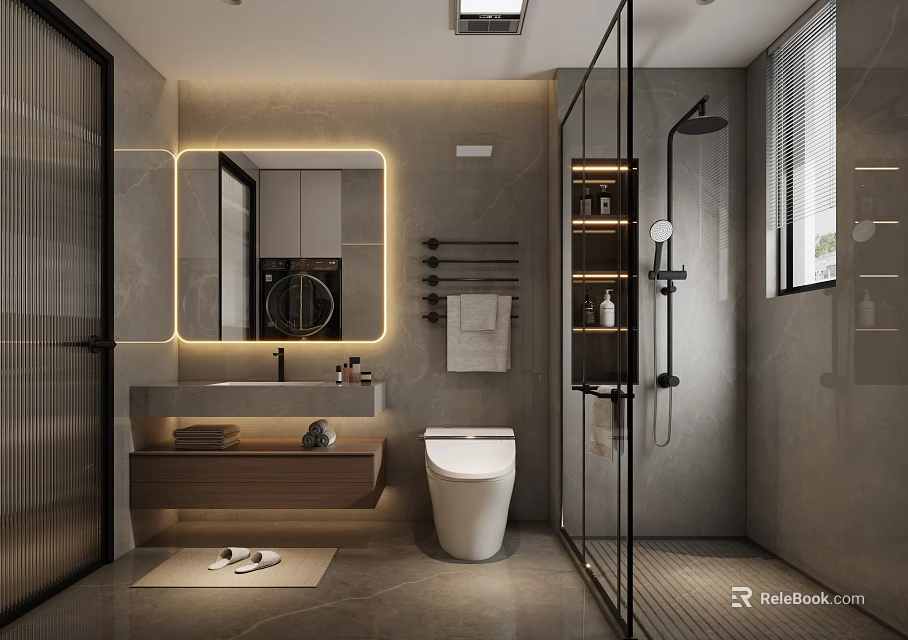 Modern Bathroom Interior With Glass Shower Enclosure Backlit Mirror Wall Mounted Vanity And Toilet 3d model 