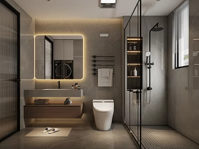 Modern Bathroom Interior With Glass Shower Enclosure Backlit Mirror Wall Mounted Vanity And Toilet 3d model