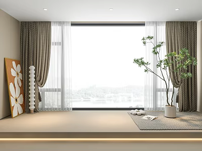 Modern Curtains With Sheer Panels For Large Window Scenic View And Indoor Plant Decor 3d model
