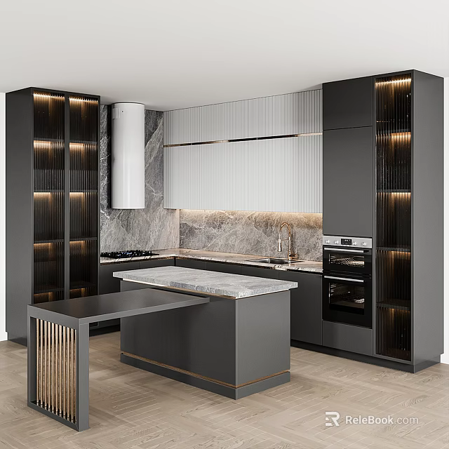 Modern Kitchen With Black Cabinets Marble Countertop Island Lighting And Appliances 3d model 