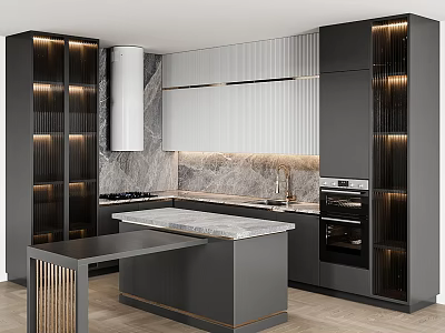 Modern Kitchen With Black Cabinets Marble Countertop Island Lighting And Appliances 3d model
