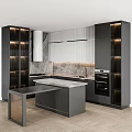 Modern Kitchen With Black Cabinets Marble Countertop Island Lighting And Appliances