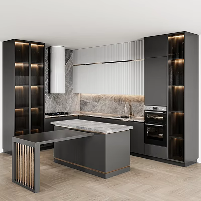 Modern Kitchen With Black Cabinets Marble Countertop Island Lighting And Appliances 3d model