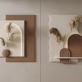 Modern Wall Decor With Arch Design Dried Pampas Grass And Beige Brown Shelves
