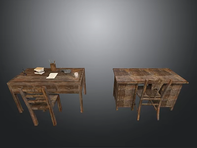 Two Vintage Wooden Desks with Books Pencil Holder and Cup on Top 3d model