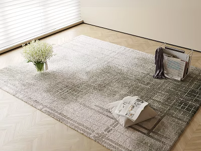 Light Gray Plaid Square Rug on Wooden Floor with White Bouquet Magazines and Dark Clothing 3d model