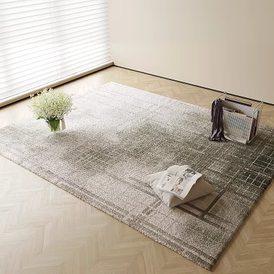 Light Gray Plaid Square Rug on Wooden Floor with White Bouquet Magazines and Dark Clothing 3d model