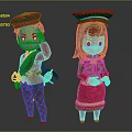 Cartoon Boy And Girl Characters In Red Uniforms With Green Brown Hats And Outfits
