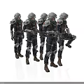Armed Soldiers In Uniforms With Helmets Knee Pads And Weapons Standing