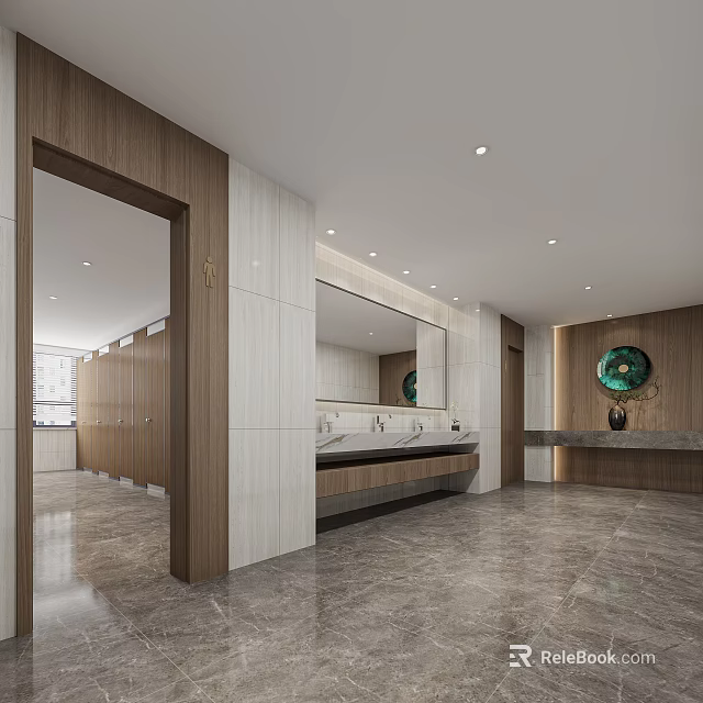 Public Toilet Modern Design With Wooden Accents Marble Countertop Mirror And Bright Lighting 3d model 