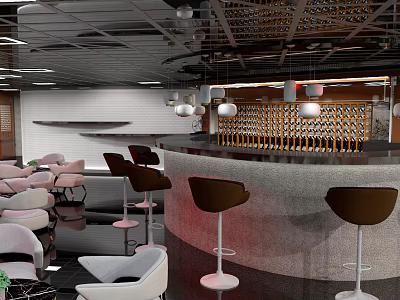 Modern Bar Interior Design With Curved Counter Brown Bar Stools And Hanging Lights 3d model