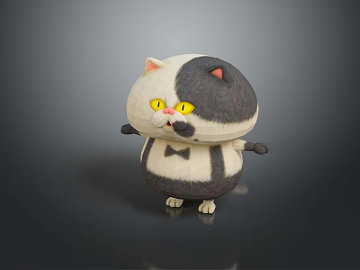 Cute Gray And White Cartoon Cat Doll With Yellow Eyes Bow Tie Round Body Small Arms And Short Legs 3d model