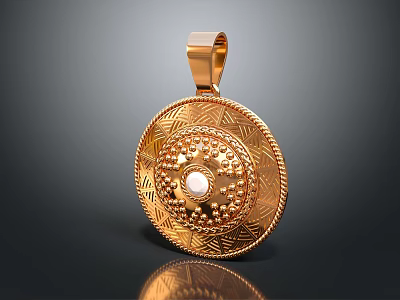 Elegant Gold Round Pendant With Intricate Carvings And Central Pearl 3d model