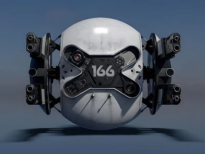 Futuristic Spherical Weapon With 166 Marking Multiple Barrels And Sleek White Surface 3d model